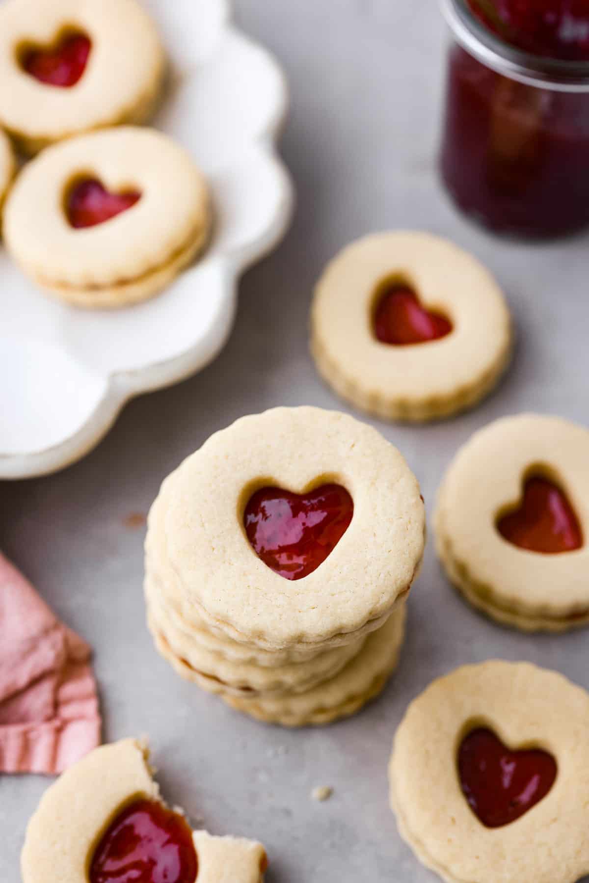 A stack of jam-filled shortbread cookies.