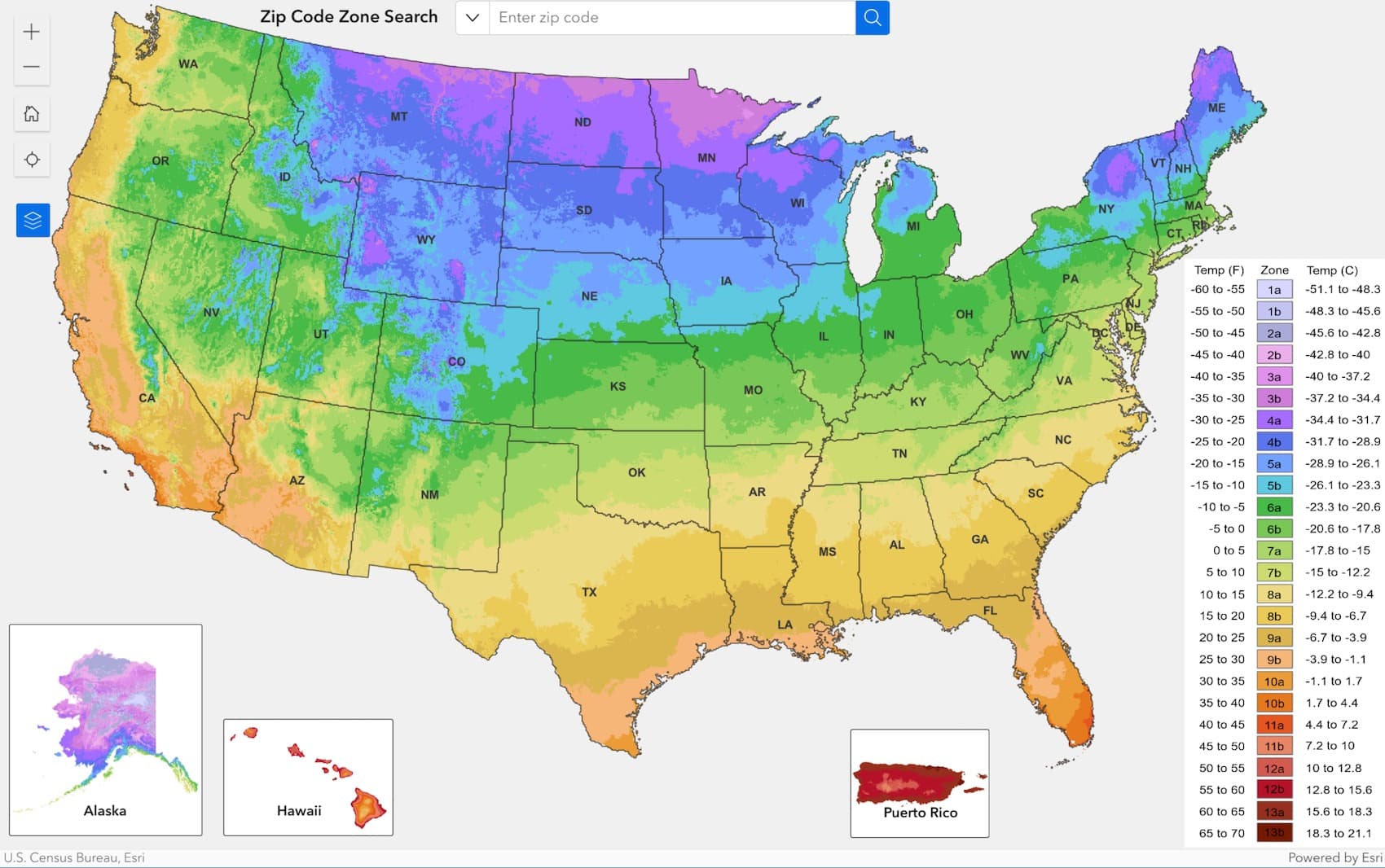 A USDA Plant Hardiness Zone Map is shown with red, orange, and yellow coloration in warmer areas to green, blue and purple in the colder areas.