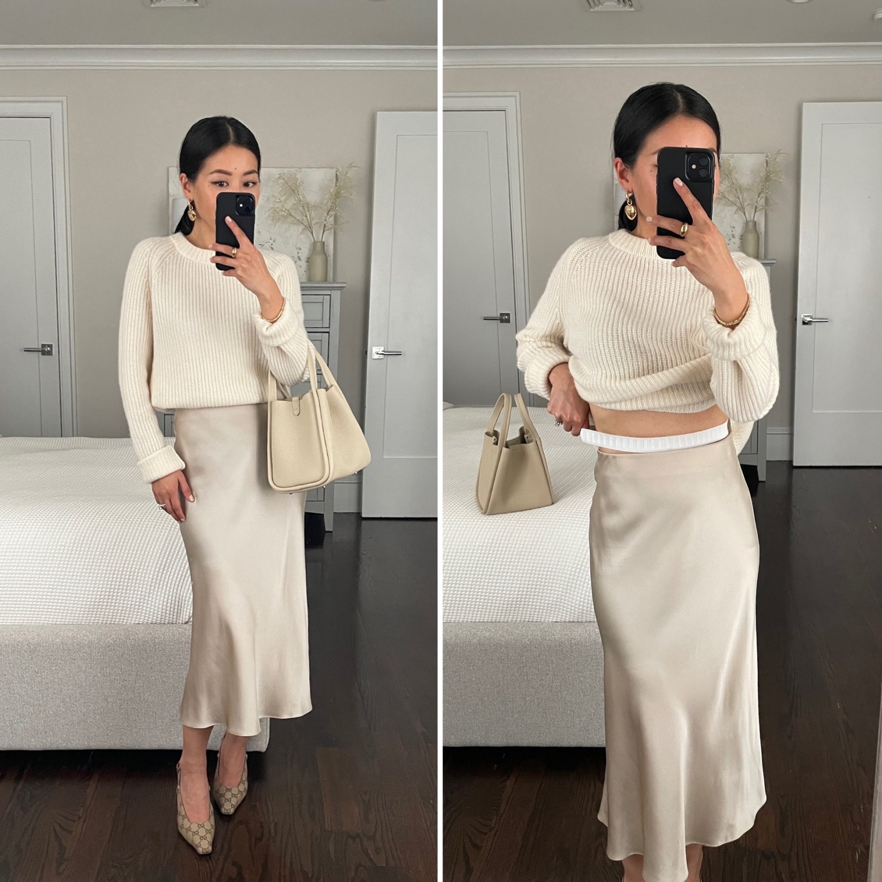 diy sweater tucking quince slip skirt gucci heels songmont bag