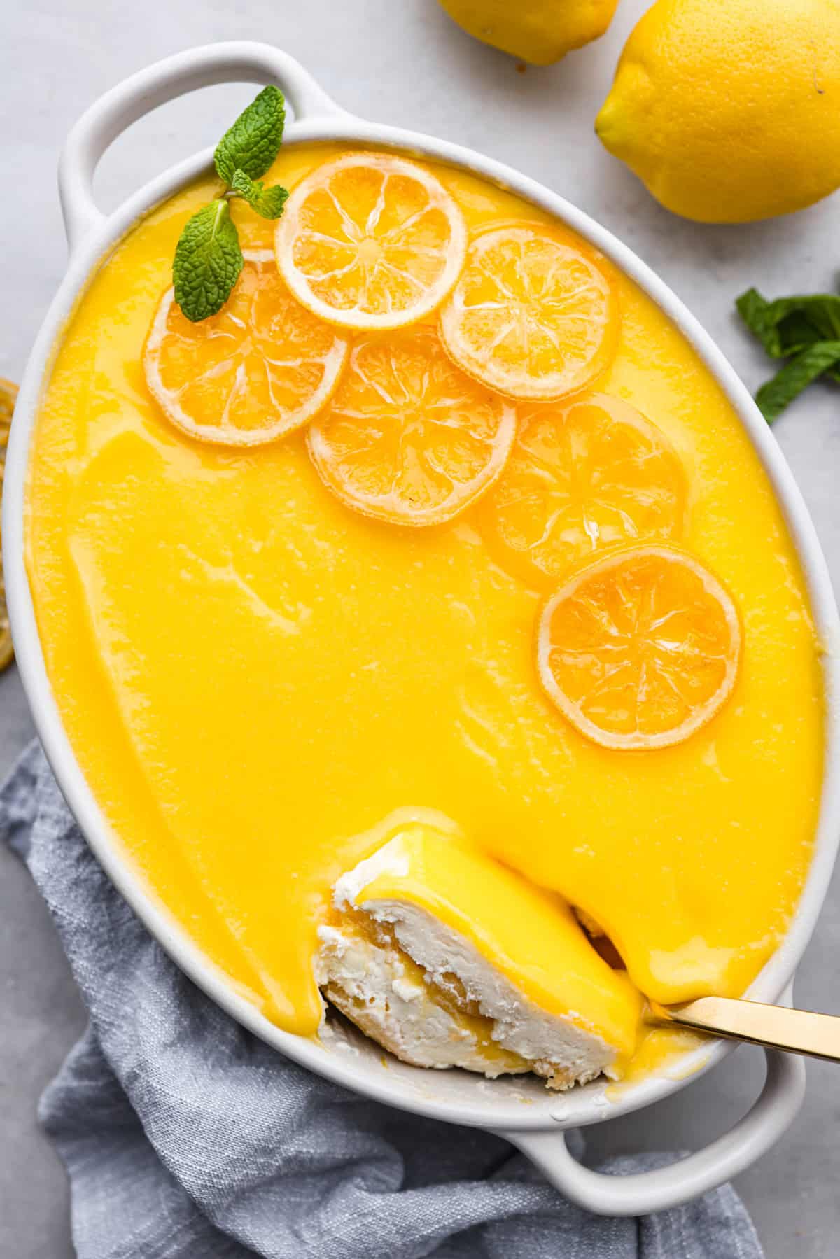 Lemon tiramisu in a white baking dish.