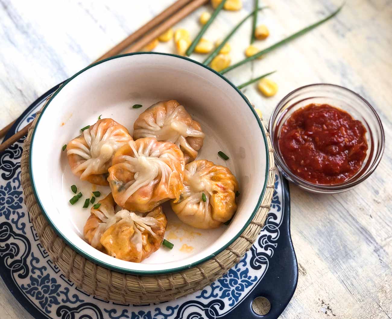 Sweet Corn Spring Onion Momo Recipe - Sweet Corn Dumplings