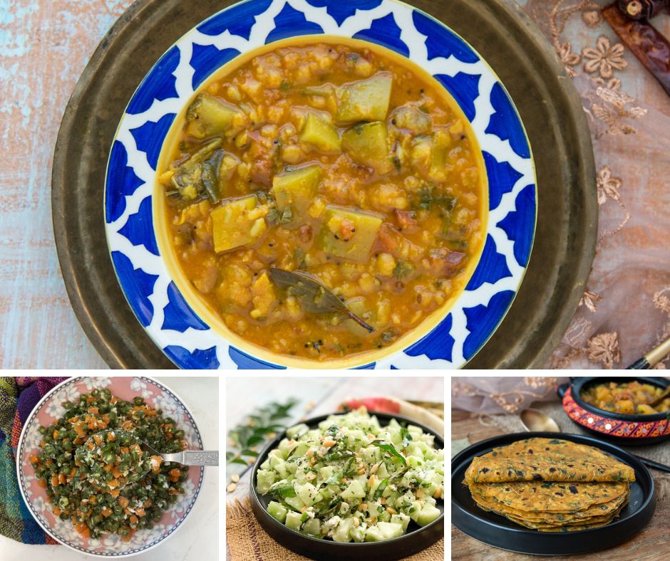 A Perfect Balanced Indian Meal: Khatti Meethi Lauki Dal, Carrot and Beans Poriyal, Thepla, Millet Quinoa Rice, and Khamang Kakdi